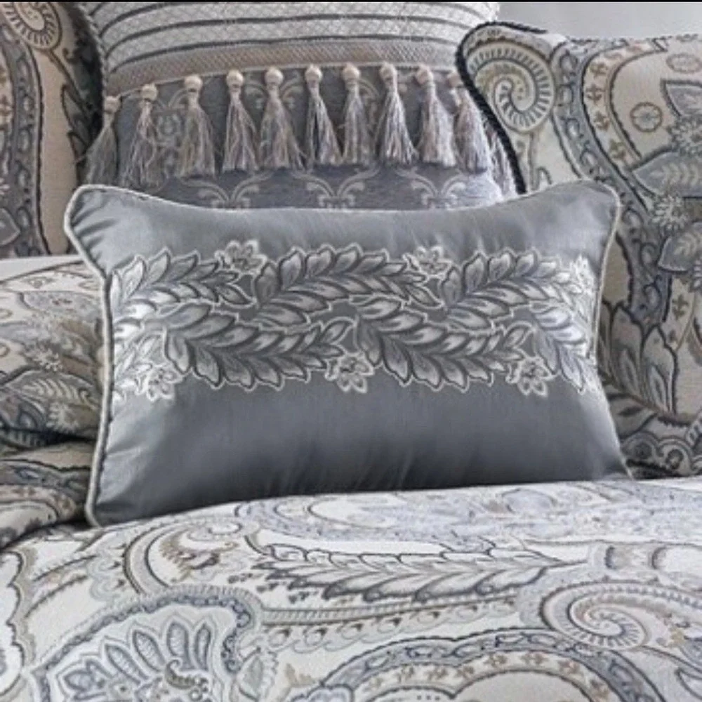 Croscill Seren Blue Boudoir‎ Pillow 18x12 Embroidered Leaf Luxury Accent Throw